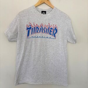 Thrasher Magazine Flame Logo T Shirt Gray Skateboarding Streetwear Size Sm